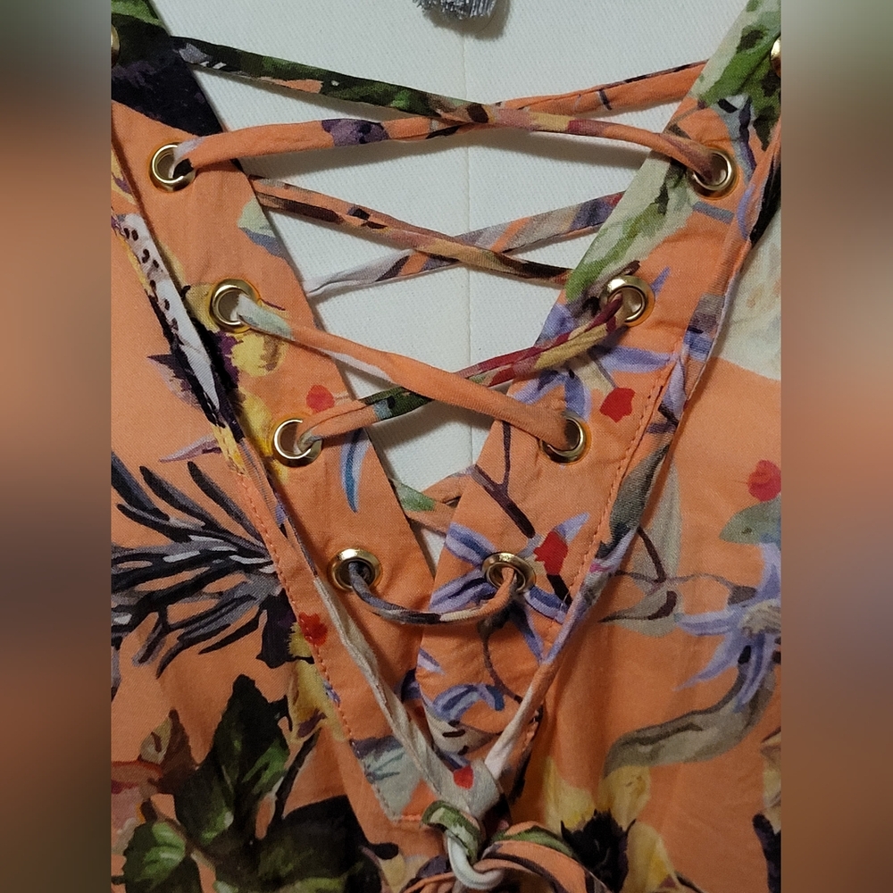 New I.N.C Peach White Hibiscus Floral Ruffle Sleeve Blouse & Tassles Size Large - Picture 5 of 15